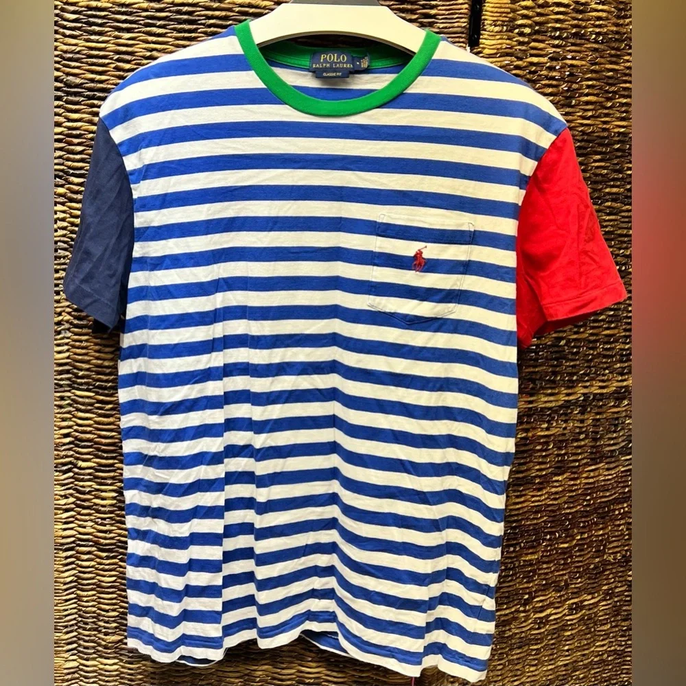 Polo by Ralph Lauren- Mens- Blue, Red,White, and Green Striped Tee,‎ Medium